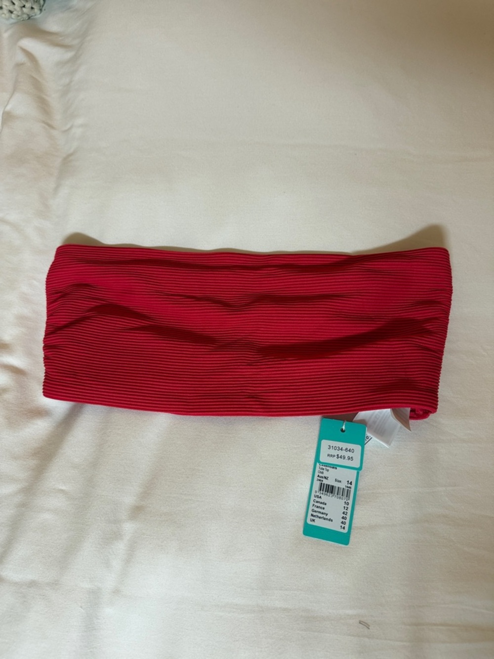 Seafolly Red Ribbed Bandeau Swim Top
